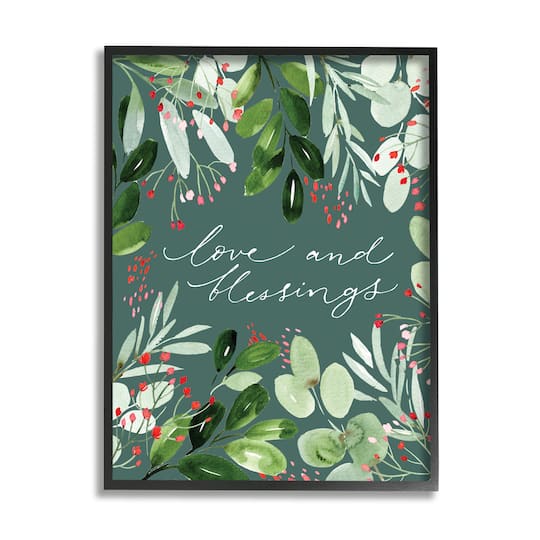Stupell Industries Love & Blessings Green Floral Leaves Framed Giclee Art